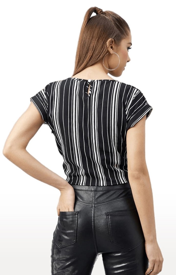 Women's Black and White Crepe Striped Blouson Top