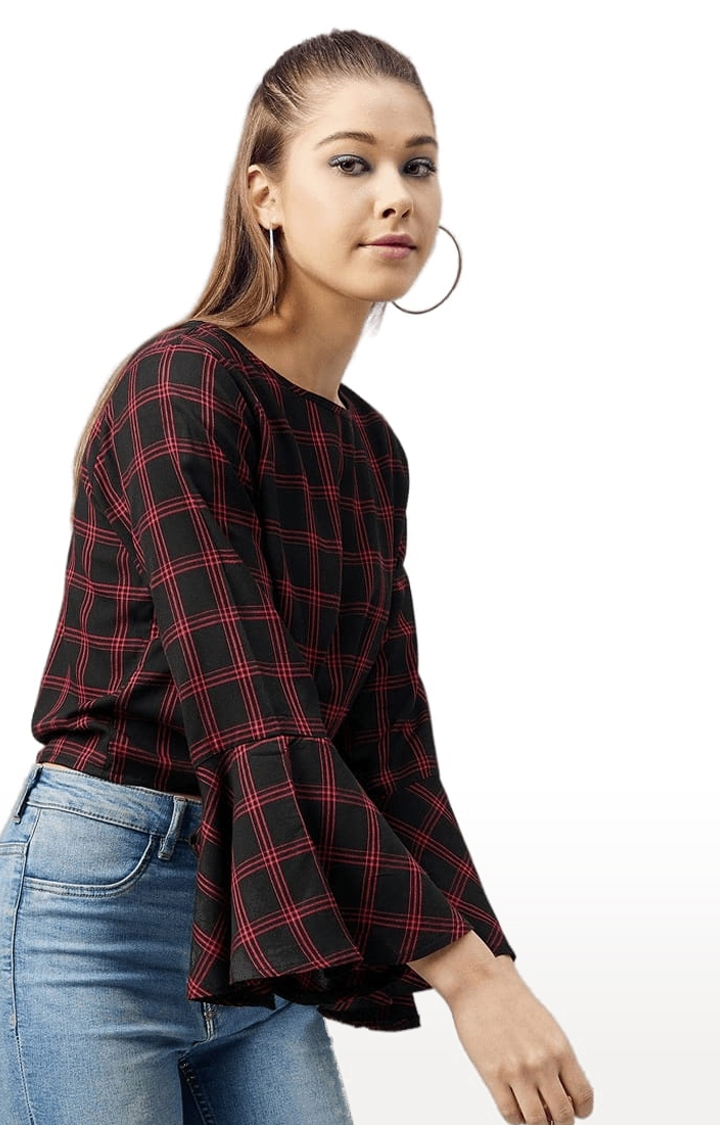 Women's Black and Red Viscose Checked Crop Top