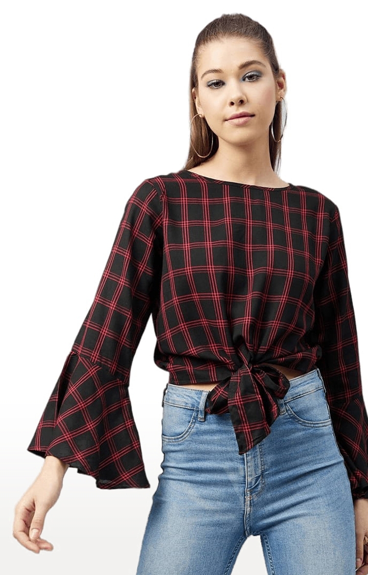 CHIMPAAANZEE | Women's Black and Red Viscose Checked Crop Top