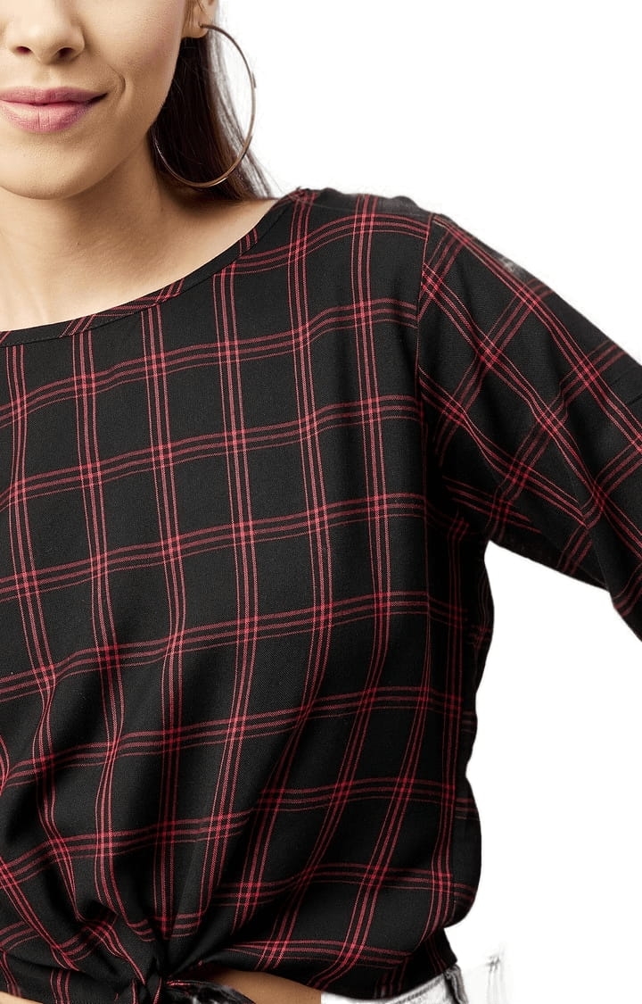 Women's Black and Red Viscose Checked Crop Top
