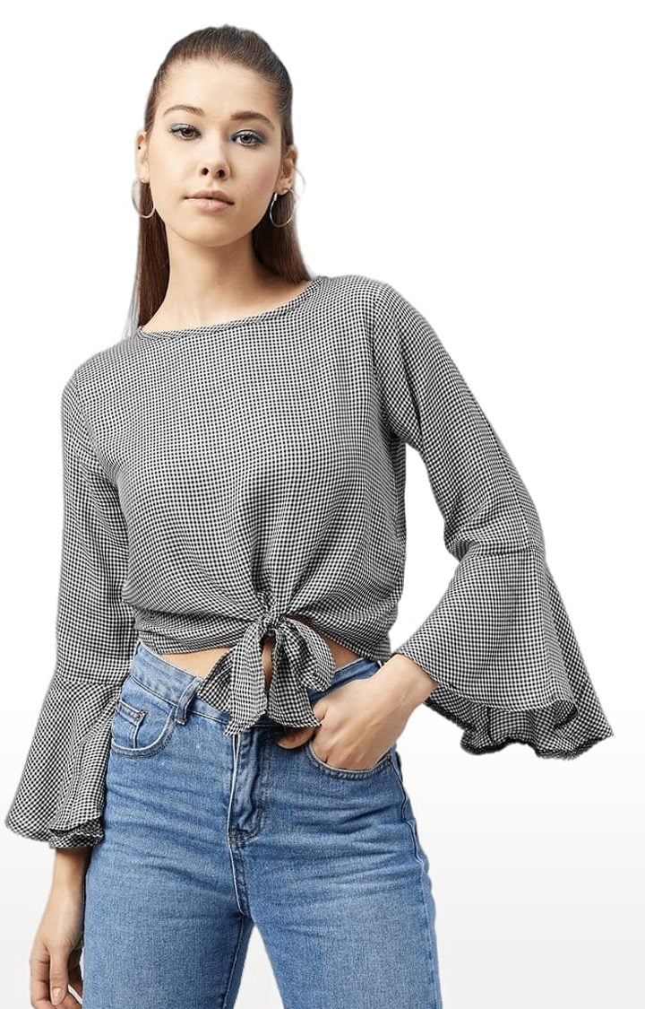 Women's Black and White Viscose Checked Crop Top