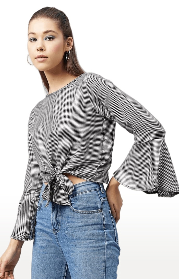 Women's Black and White Viscose Checked Crop Top