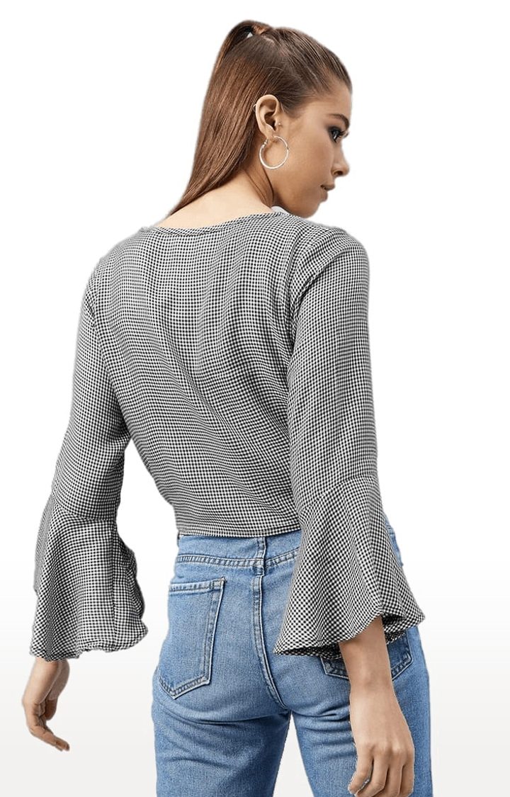 Women's Black and White Viscose Checked Crop Top