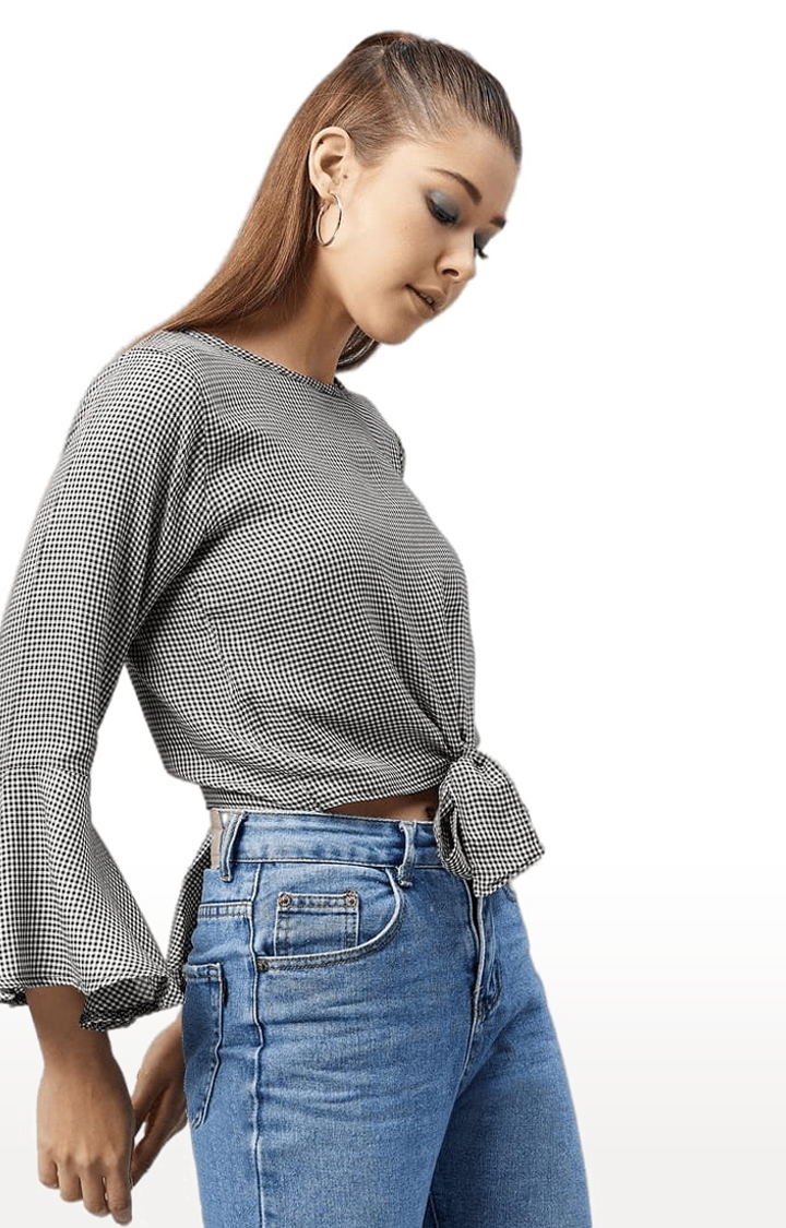 Women's Black and White Viscose Checked Crop Top