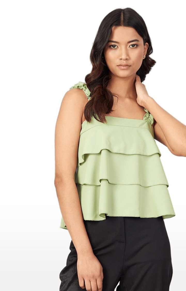 CHIMPAAANZEE | Women's Green  Crepe Solid Strappy Top