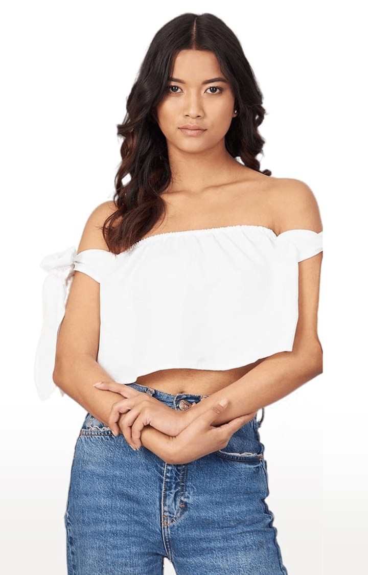 Women's White Crepe Solid Off Shoulder Top