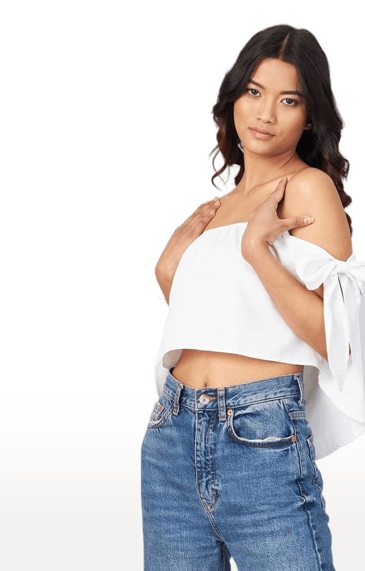 Women's White Crepe Solid Off Shoulder Top