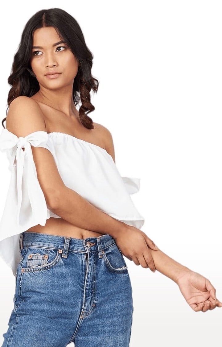 Women's White Crepe Solid Off Shoulder Top