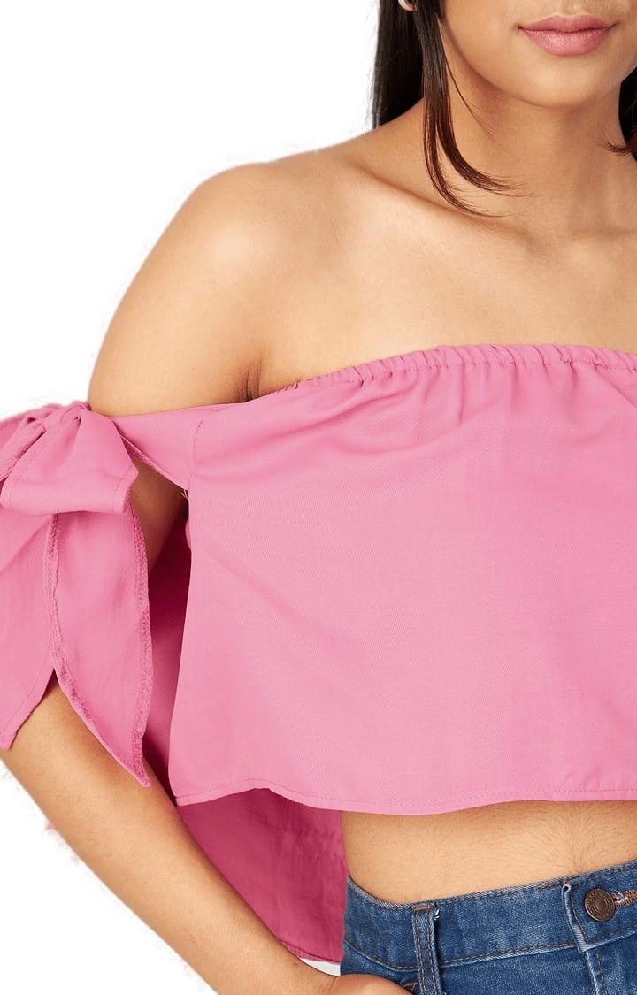 Women's Pink Crepe Solid Off Shoulder Top