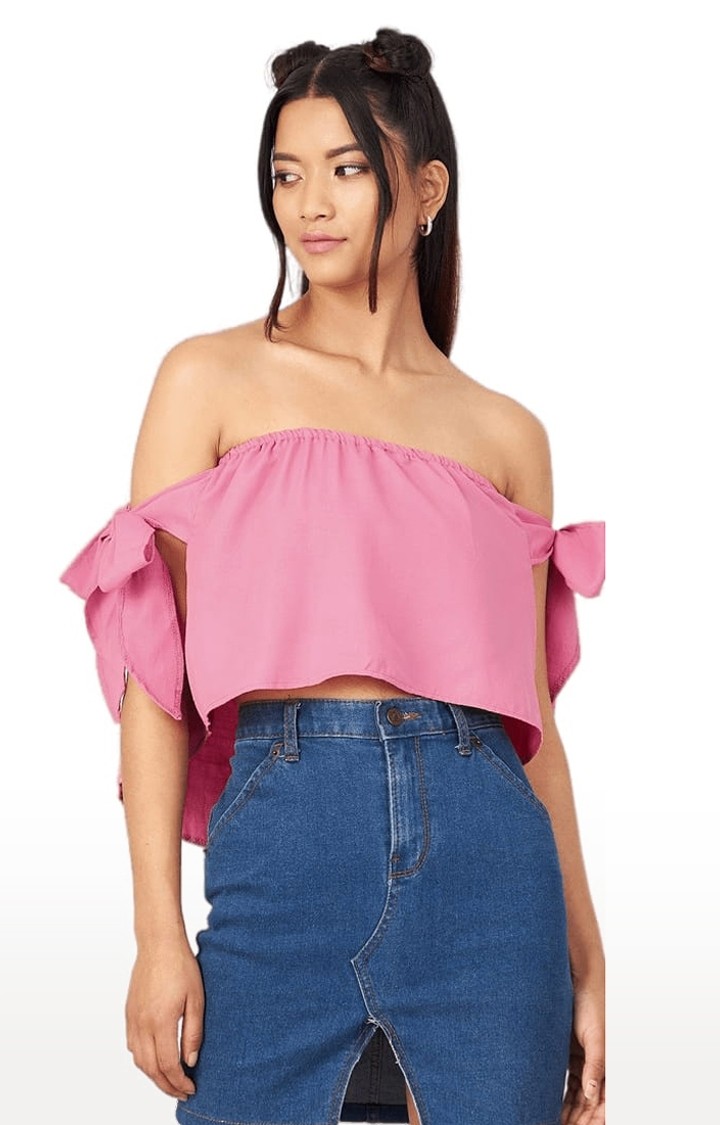 Women's Pink Crepe Solid Off Shoulder Top