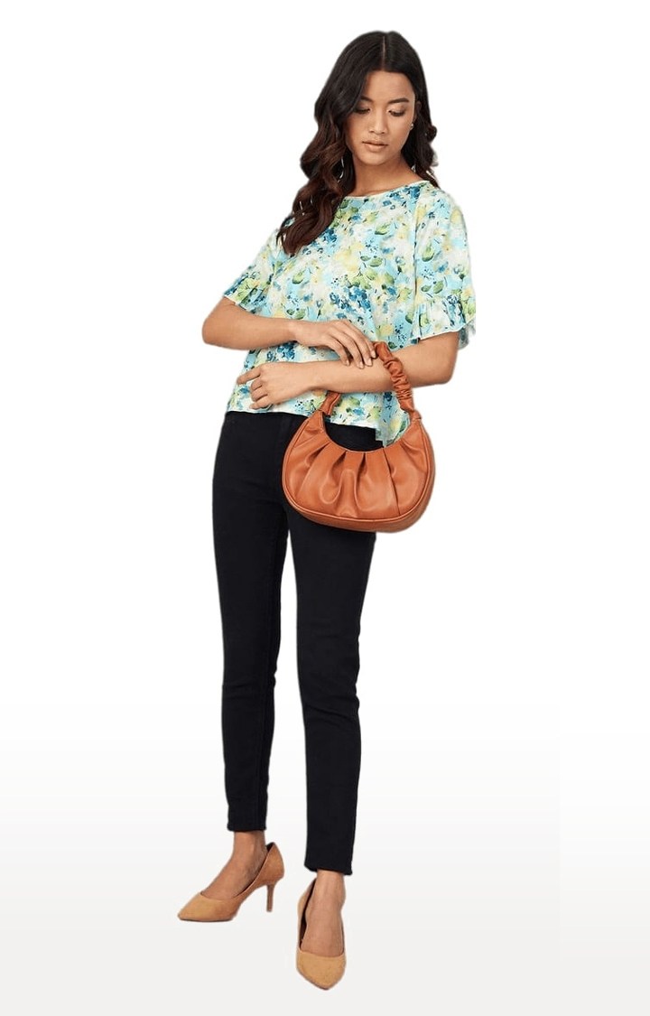 Women's Sky-blue Crepe Printed Blouson Top