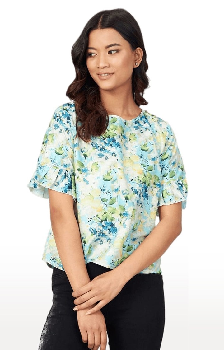 Women's Sky-blue Crepe Printed Blouson Top