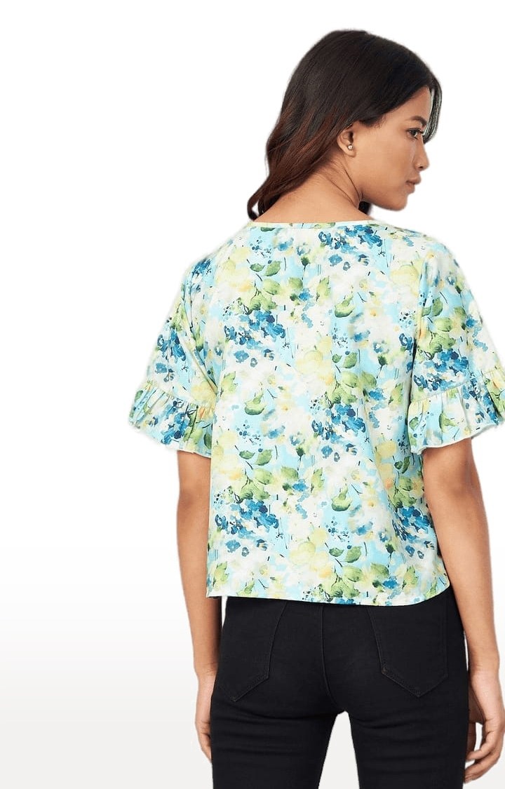 Women's Sky-blue Crepe Printed Blouson Top