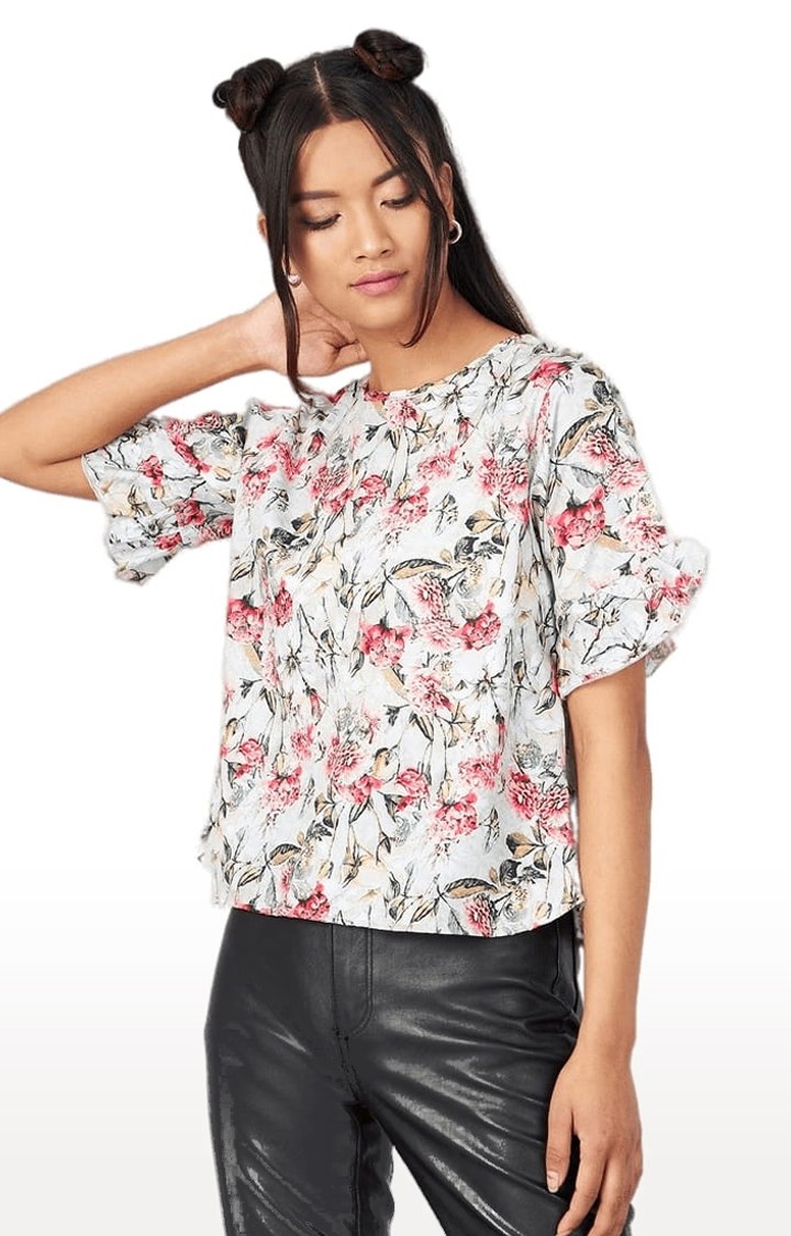 Women's Pista Green Crepe Floral Blouson Top