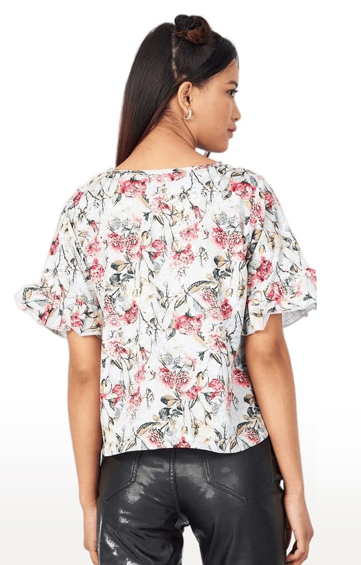 Women's Pista Green Crepe Floral Blouson Top