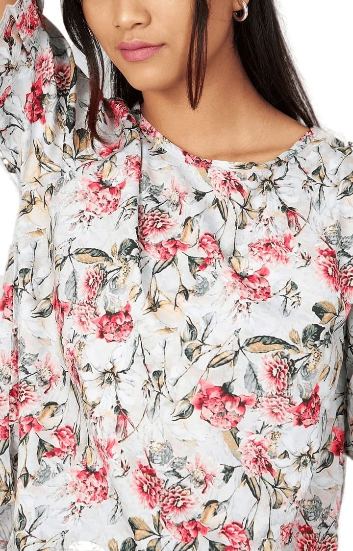 Women's Pista Green Crepe Floral Blouson Top