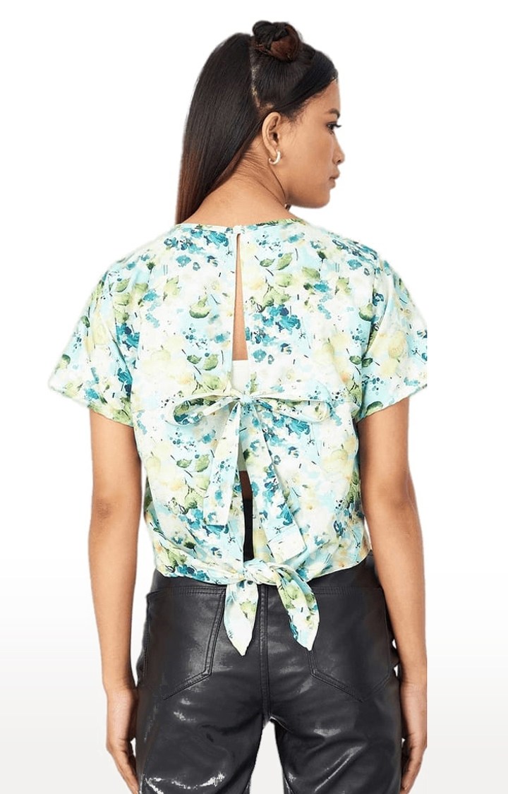 Women's Sky-blue Crepe Printed Blouson Top