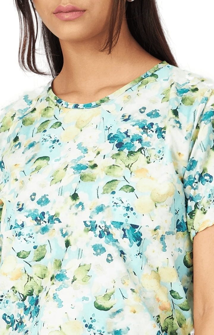 Women's Sky-blue Crepe Printed Blouson Top