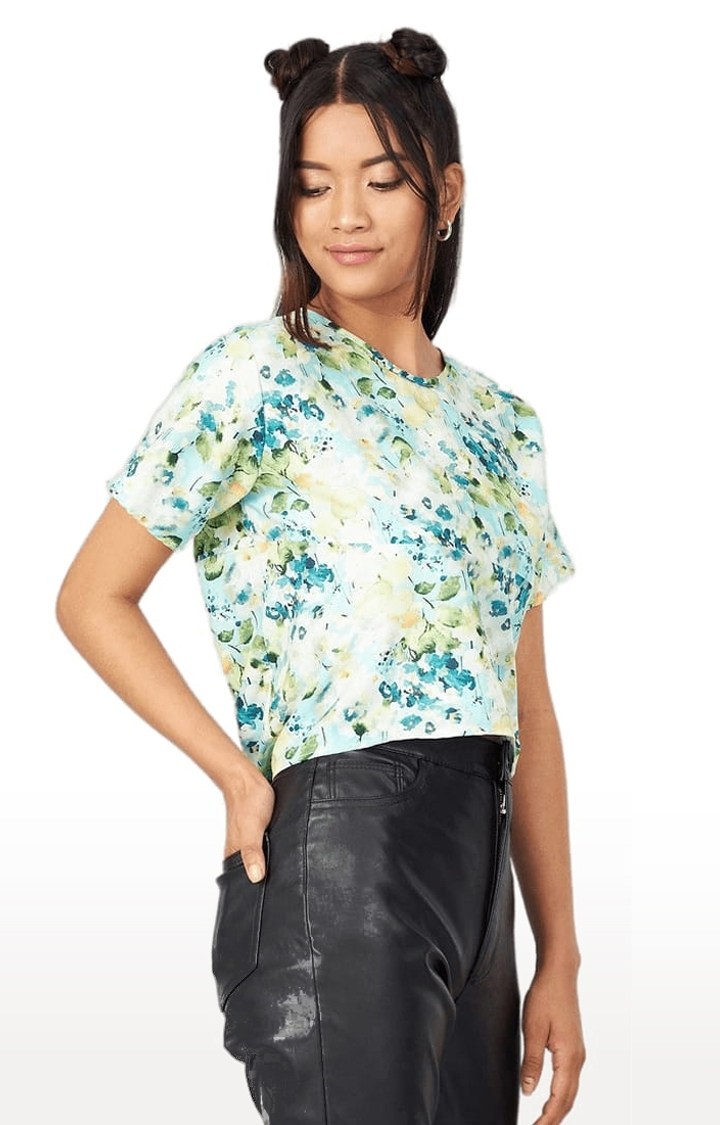 CHIMPAAANZEE | Women's Sky-blue Crepe Printed Blouson Top