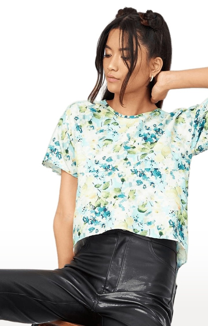 Women's Sky-blue Crepe Printed Blouson Top