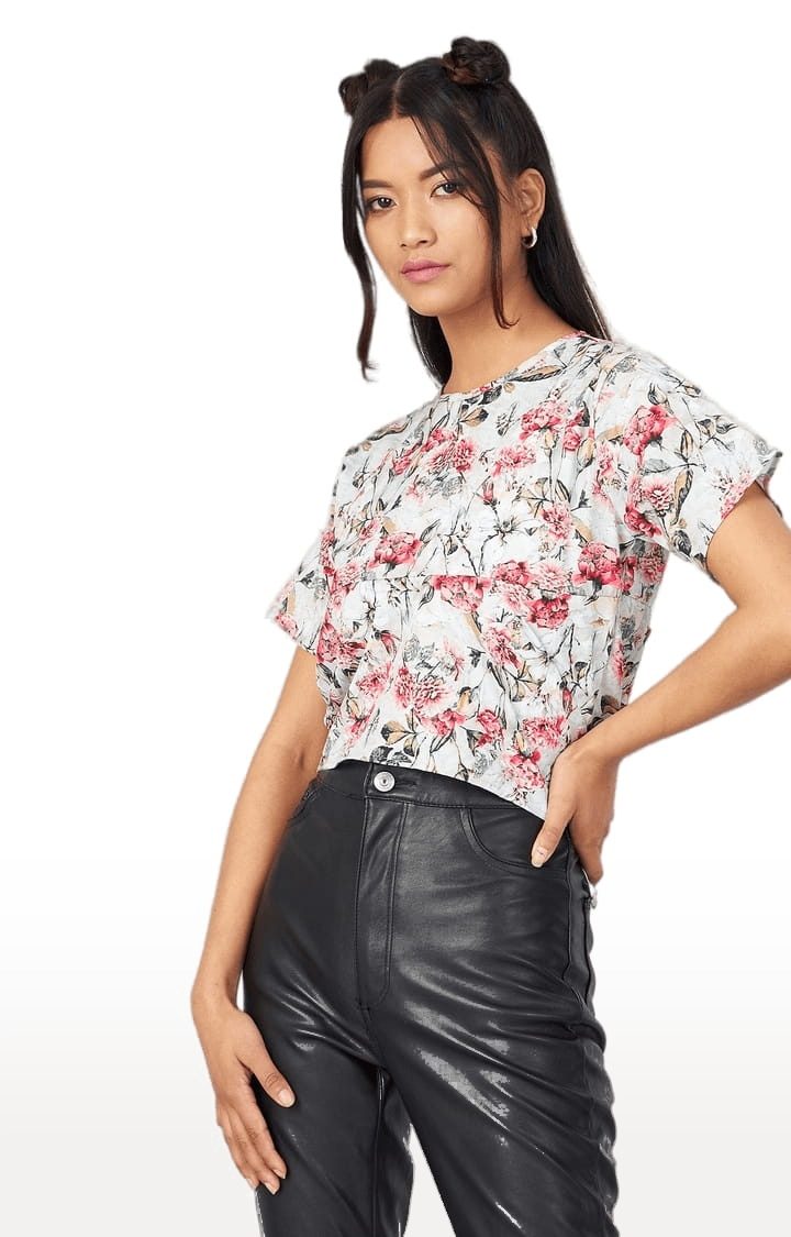 Women's Pista Green Crepe Printed Blouson Top