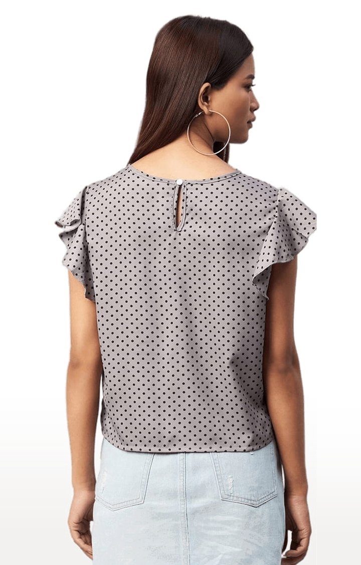 Women's Grey Crepe Polka Dots Blouson Top