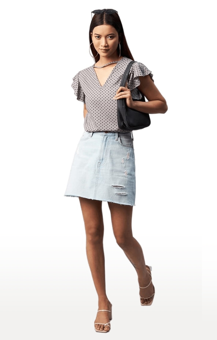 Women's Grey Crepe Polka Dots Blouson Top