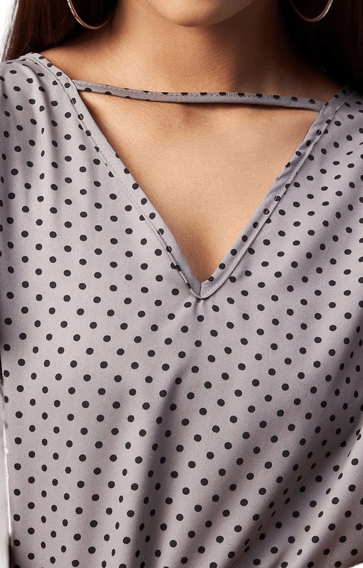 Women's Grey Crepe Polka Dots Blouson Top