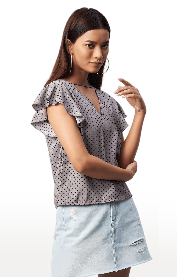 Women's Grey Crepe Polka Dots Blouson Top