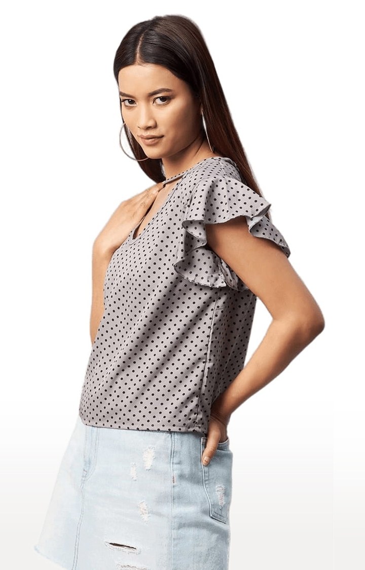 Women's Grey Crepe Polka Dots Blouson Top