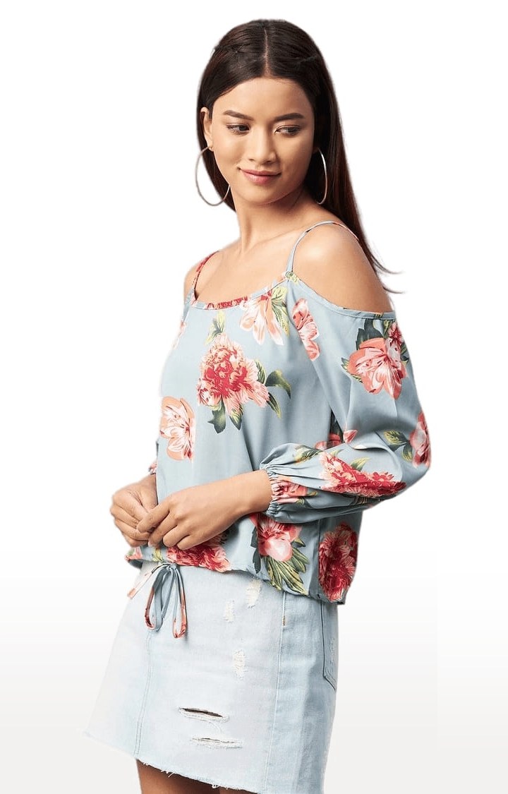 Women's Sky-blue Crepe Floral Strappy Top