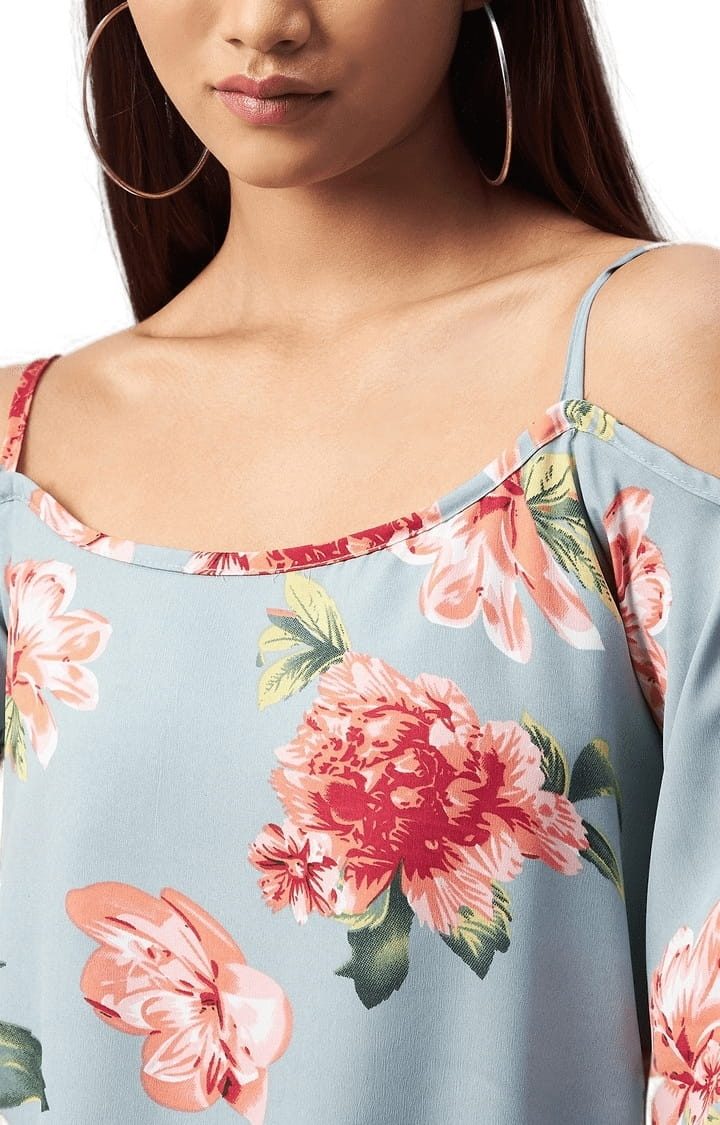 Women's Sky-blue Crepe Floral Strappy Top