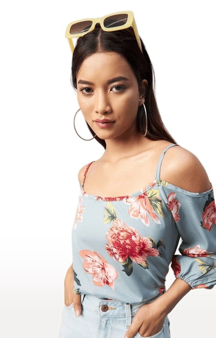 CHIMPAAANZEE | Women's Sky-blue Crepe Floral Strappy Top