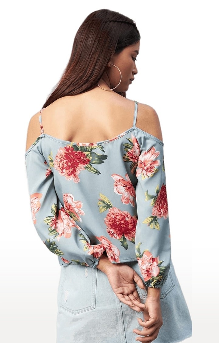 Women's Sky-blue Crepe Floral Strappy Top