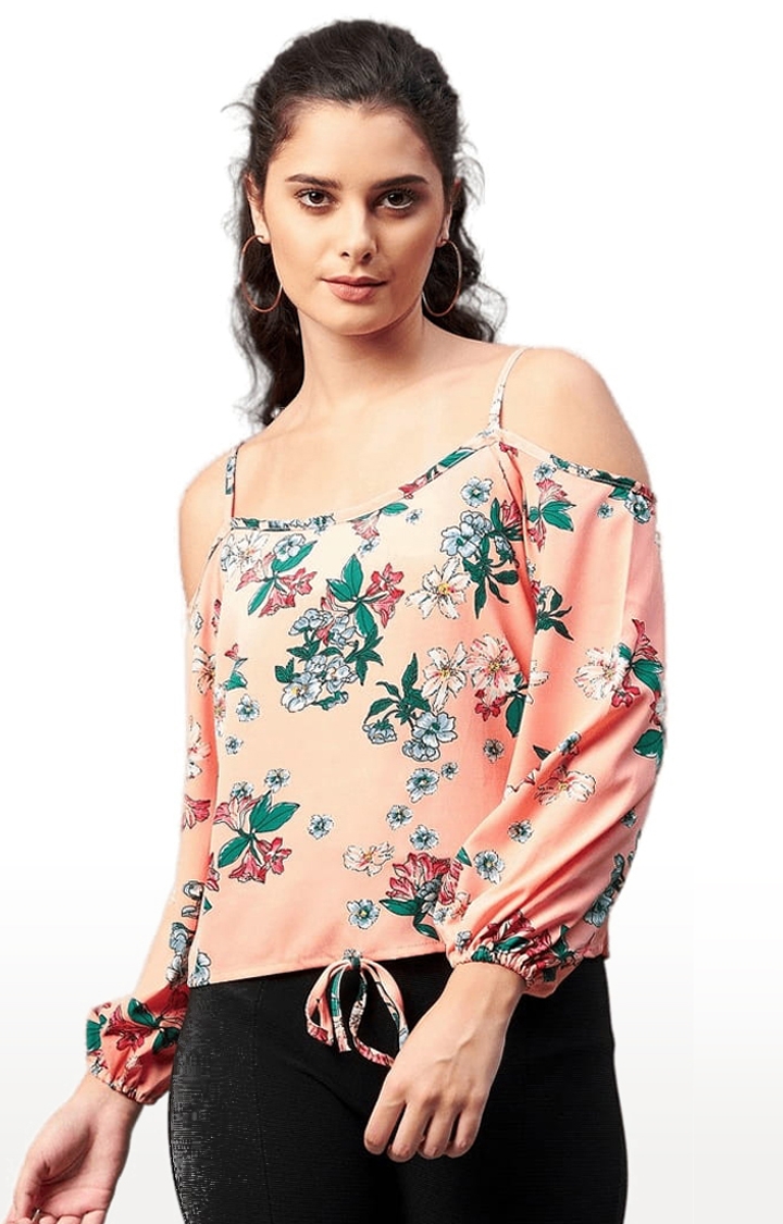 Women's Peach Crepe Floral Strappy Top