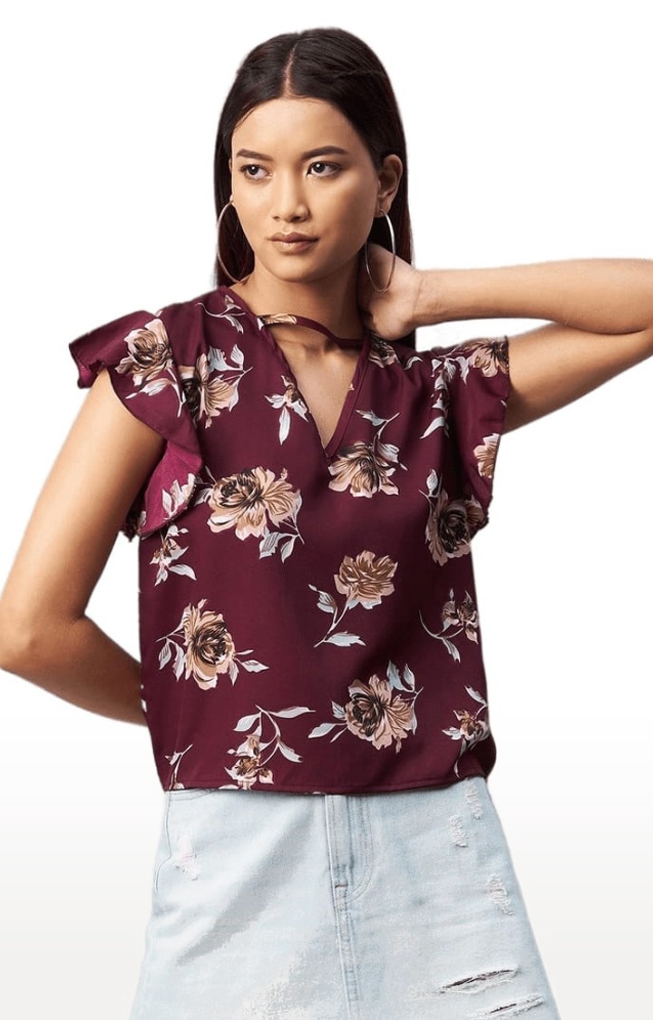 Women's Maroon Crepe Floral Blouson Top