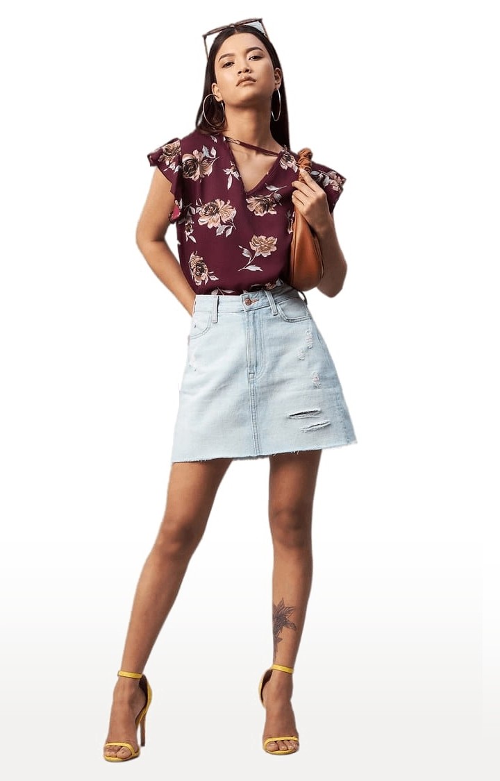 Women's Maroon Crepe Floral Blouson Top