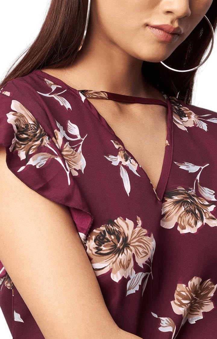 Women's Maroon Crepe Floral Blouson Top