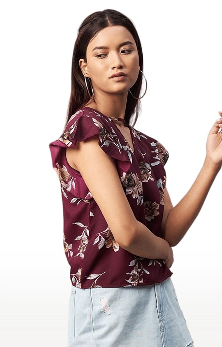 Women's Maroon Crepe Floral Blouson Top