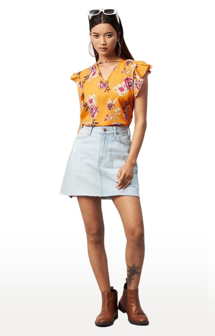 Women's Yellow Crepe Floral Blouson Top