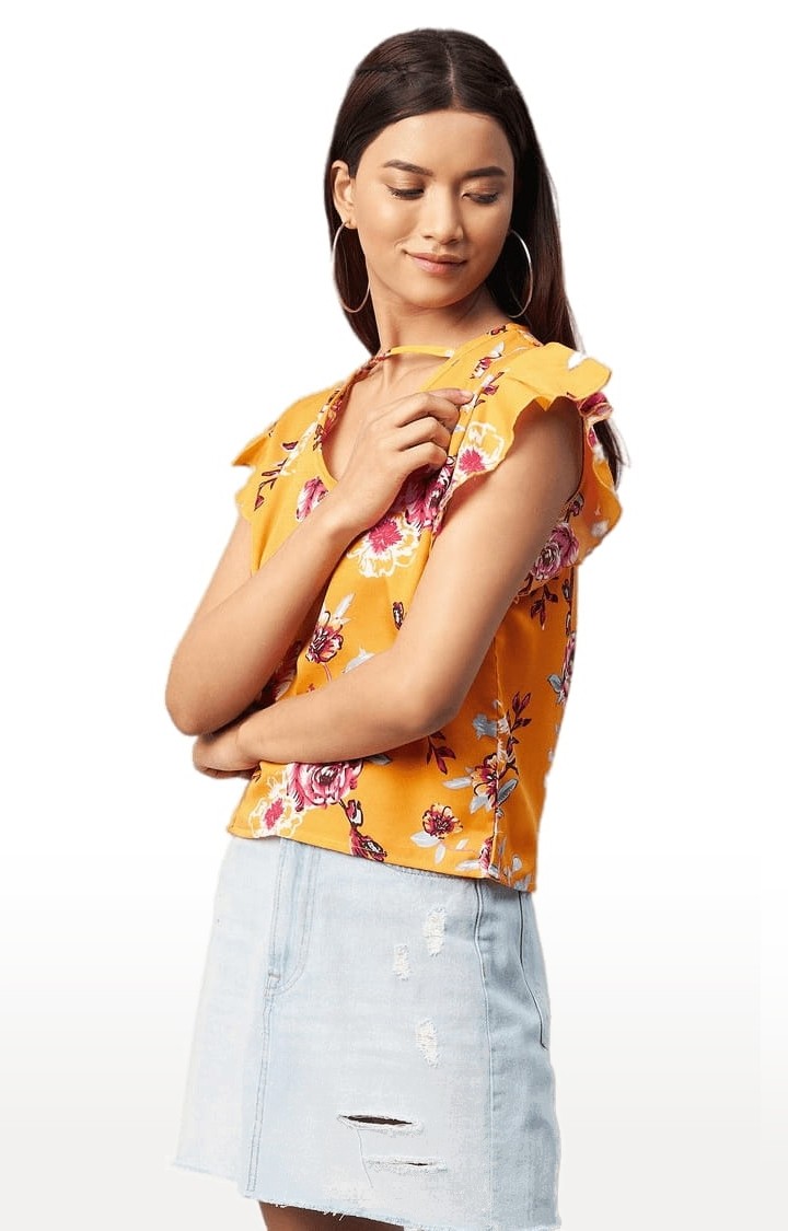 Women's Yellow Crepe Floral Blouson Top