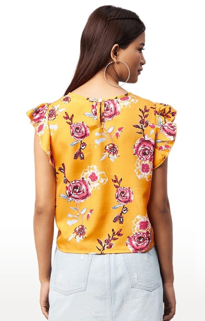 Women's Yellow Crepe Floral Blouson Top