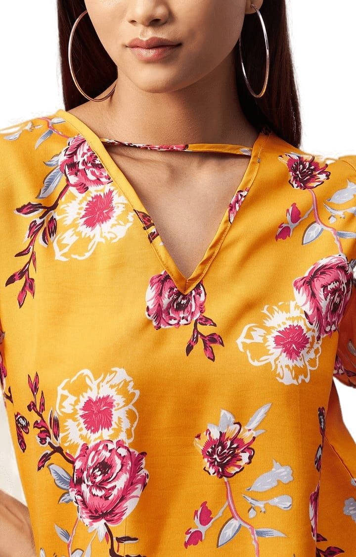 Women's Yellow Crepe Floral Blouson Top