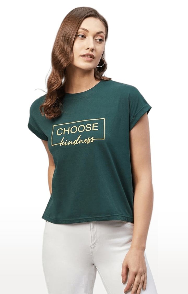 Women's Dark Green Cotton Typographic  Regular T-Shirt