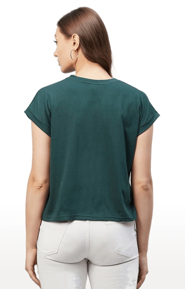 Women's Dark Green Cotton Typographic  Regular T-Shirt