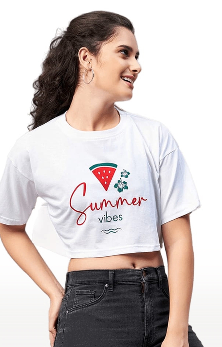 Women's White Cotton Printed Crop Top