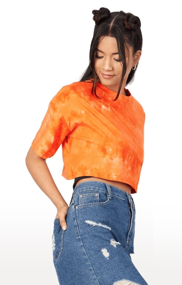 Women's Orange Cotton Tie Dye Crop Top