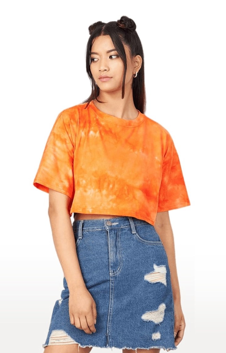 Women's Orange Cotton Tie Dye Crop Top