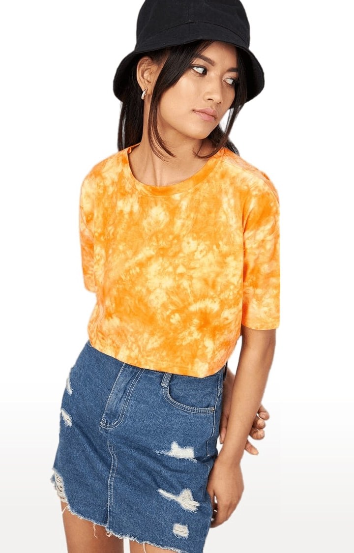Women's Yellow Cotton Tie Dye Crop Top