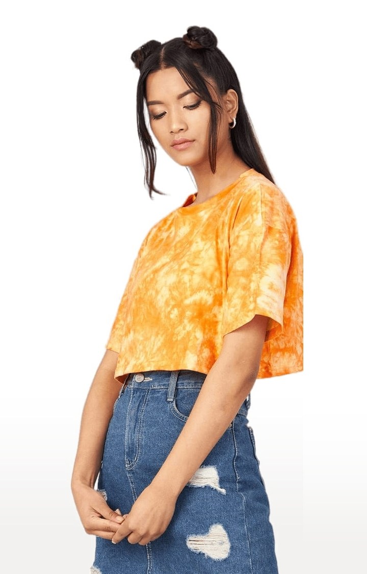 Women's Yellow Cotton Tie Dye Crop Top